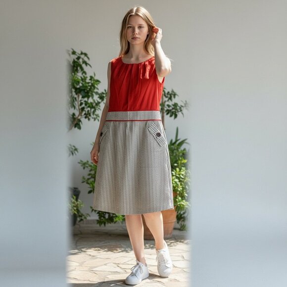 Alyx Dresses & Skirts - ALYX Womens Boat Neck Red & Pinstripe Sleeveless Sheath Dress W/ Pockets Size 14